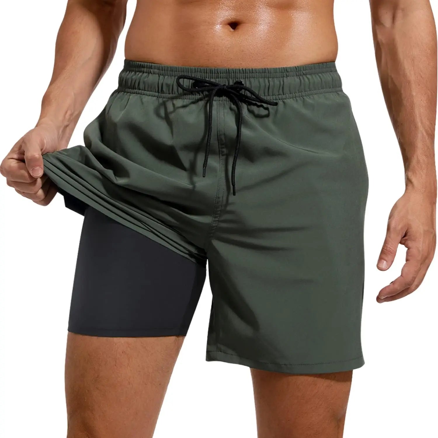 Men's 2-in-1 running shorts showcasing compression liner and quick-dry fabric for comfort and performance.