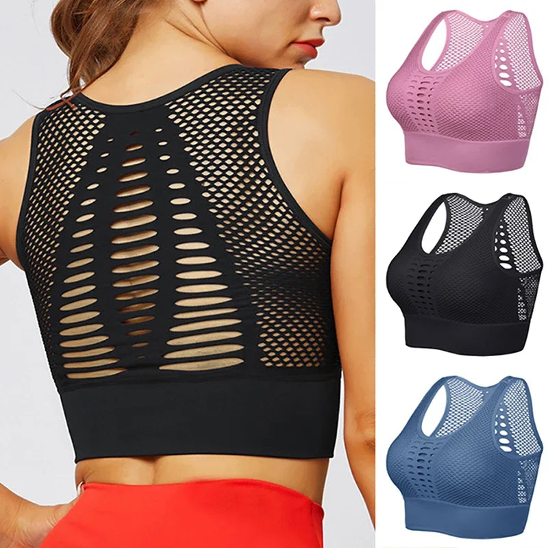 Women's breathable mesh sports bra in black, pink, and blue, designed for comfort and airflow during workouts.