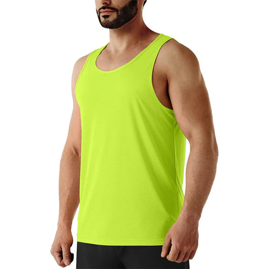Men's neon workout sleeveless shirt in high-visibility green for active fitness routines.