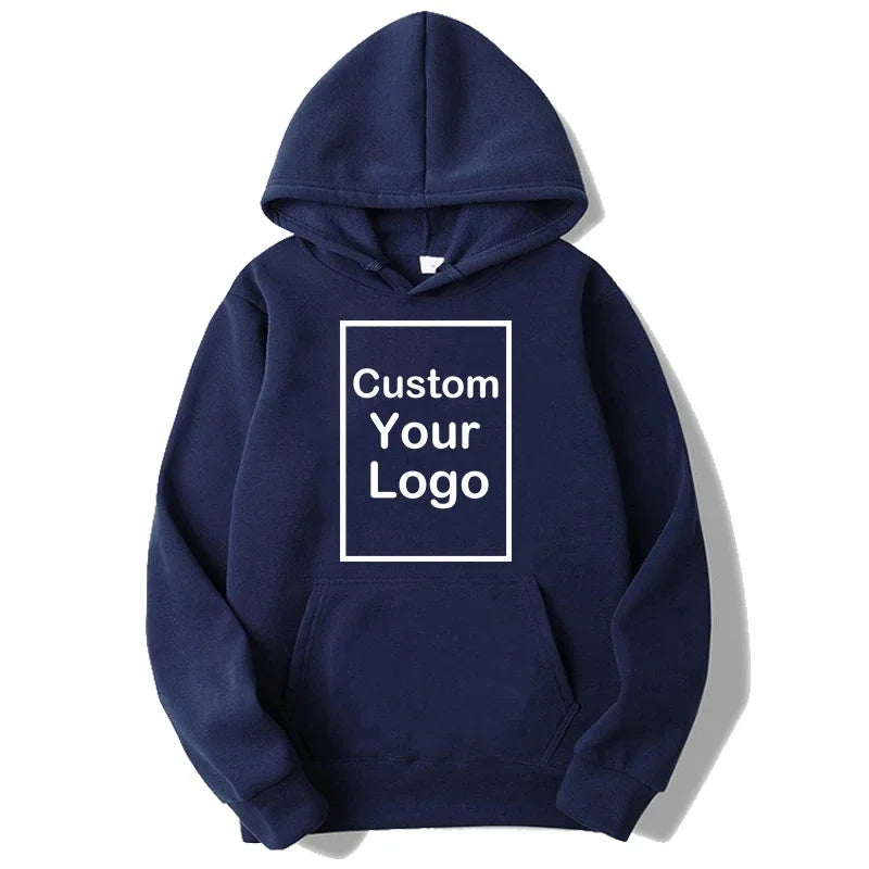 Custom Logo Sports Hoodie in navy blue, showcasing personalized logo design for unisex comfort and style.
