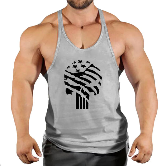 Men's bodybuilding tank top featuring a stylish graphic of an American flag design, ideal for gym workouts and casual wear.