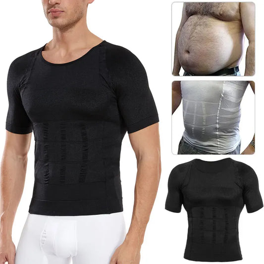 Men's Slimming Body Shaper Compression Shirt worn by a man, showcasing its shaping effect and moisture-wicking fabric.