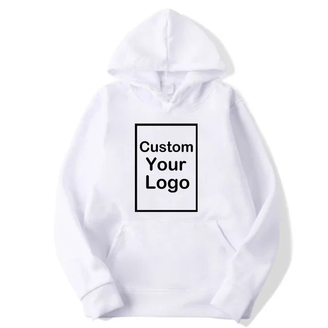 Custom Logo Sports Hoodie in white featuring customizable text for branding or personalization.