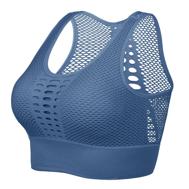 Women's breathable mesh sports bra in blue, designed for comfort and moisture-wicking during workouts.