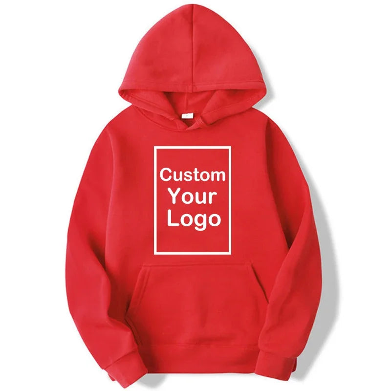 Custom logo sports hoodie in red, featuring a classic hood and soft cotton blend for cozy comfort.