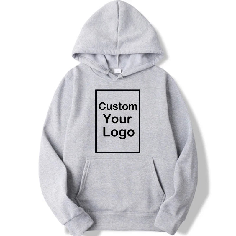 Custom logo sports hoodie in gray, featuring a front pocket and adjustable hood, ideal for branding and cozy wear.