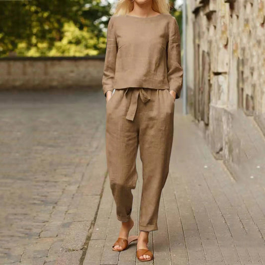 Elegant cotton linen 2-piece set for women, featuring a loose-fit top and drawstring pants, perfect for casual outings.