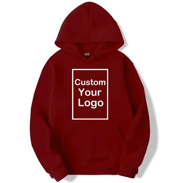 Custom Logo Sports Hoodie in burgundy, featuring a personalized logo area. Ideal for casual wear and branding.