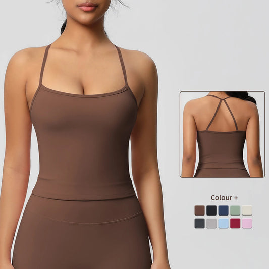 Cross Back Padded Sports Top in brown, showcasing front and back design, ideal for workouts and casual wear.