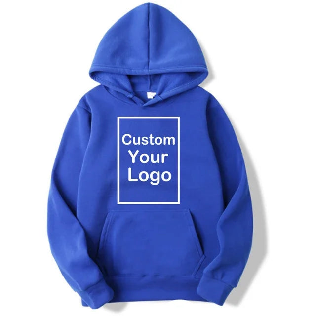 Custom blue sports hoodie with personalized logo option for men and women, perfect for casual or team wear.