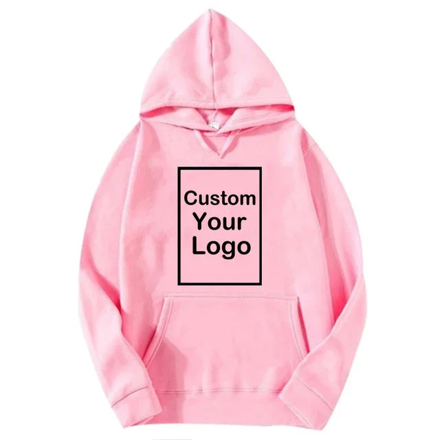 Custom logo sports hoodie in pink with text 'Custom Your Logo' for personal branding and casual wear.