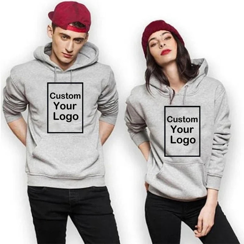 Unisex Custom Logo Sports Hoodie displayed on a man and woman, showcasing personalization options for branding.